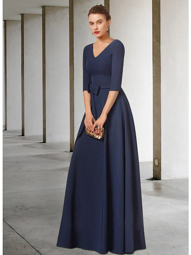 Wholesale Mother of the Bride Dress Elegant V Neck Floor Length Stretch Fabric Half Sleeve with Sash Ribbon Bow(s) Pleats